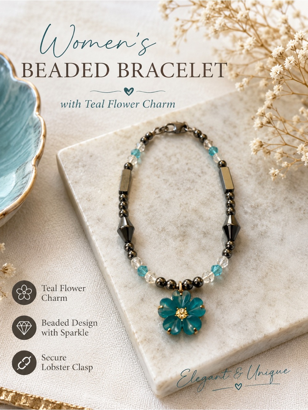 Teal Forget-Me-Not Style Flower Charm Beaded Bracelet | Hematite